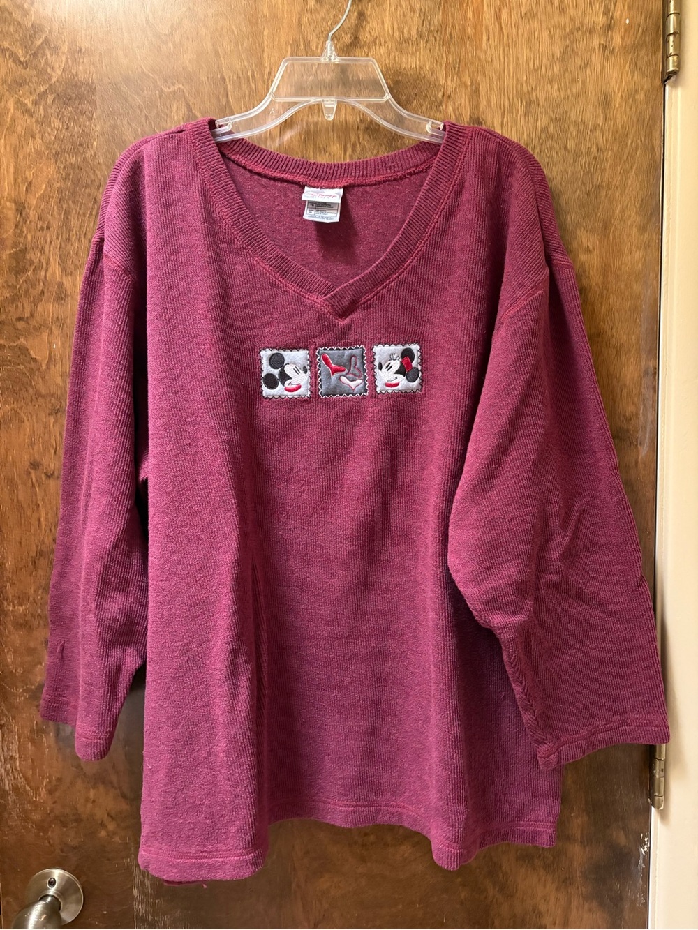 Disney Burgundy V‑Neck Sweatshirt with Mickey & Minnie Appliqués